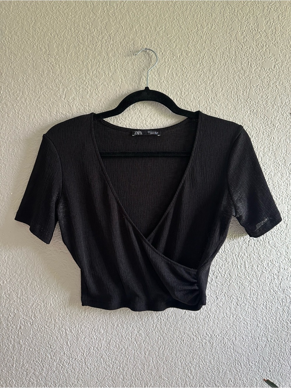 Zara Black Wrap-Front Short Sleeve Crop Top